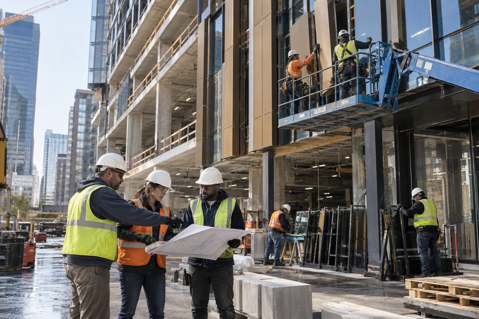 Construction professionals coordinating facade installation at an active urban building site