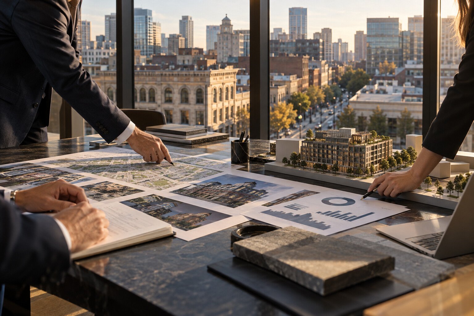 Real estate investment team evaluating an urban property, site plans, and a development model
